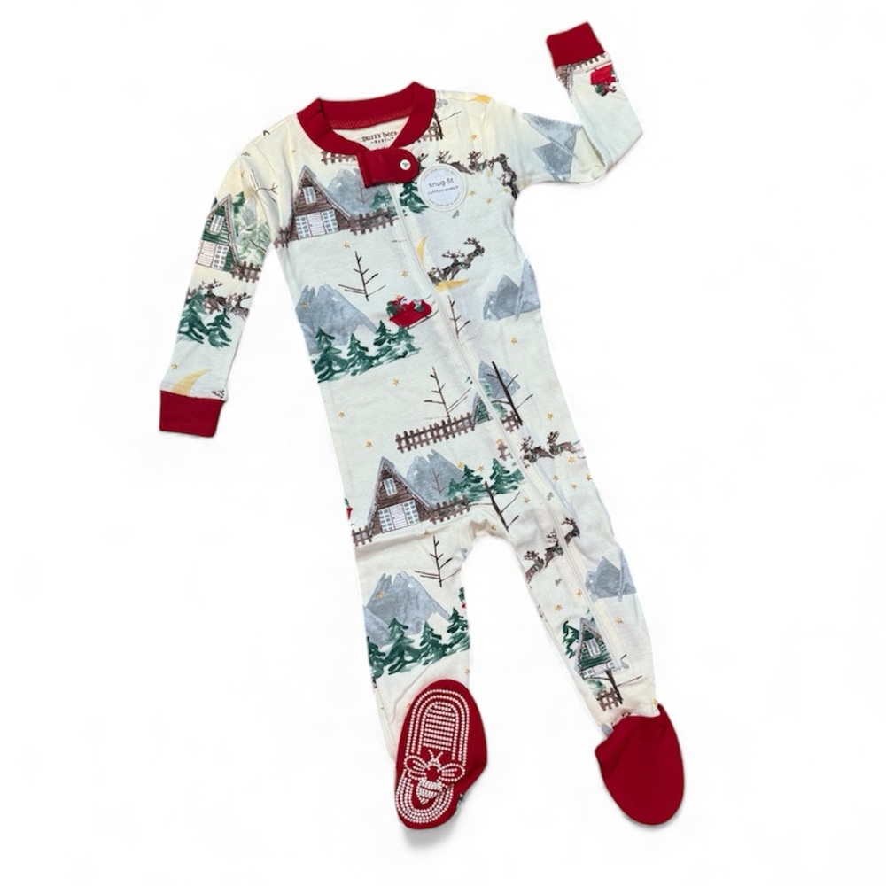 Burt’s Bees Baby Snug-fit Santa’s Sleigh Footed Onesie NWT